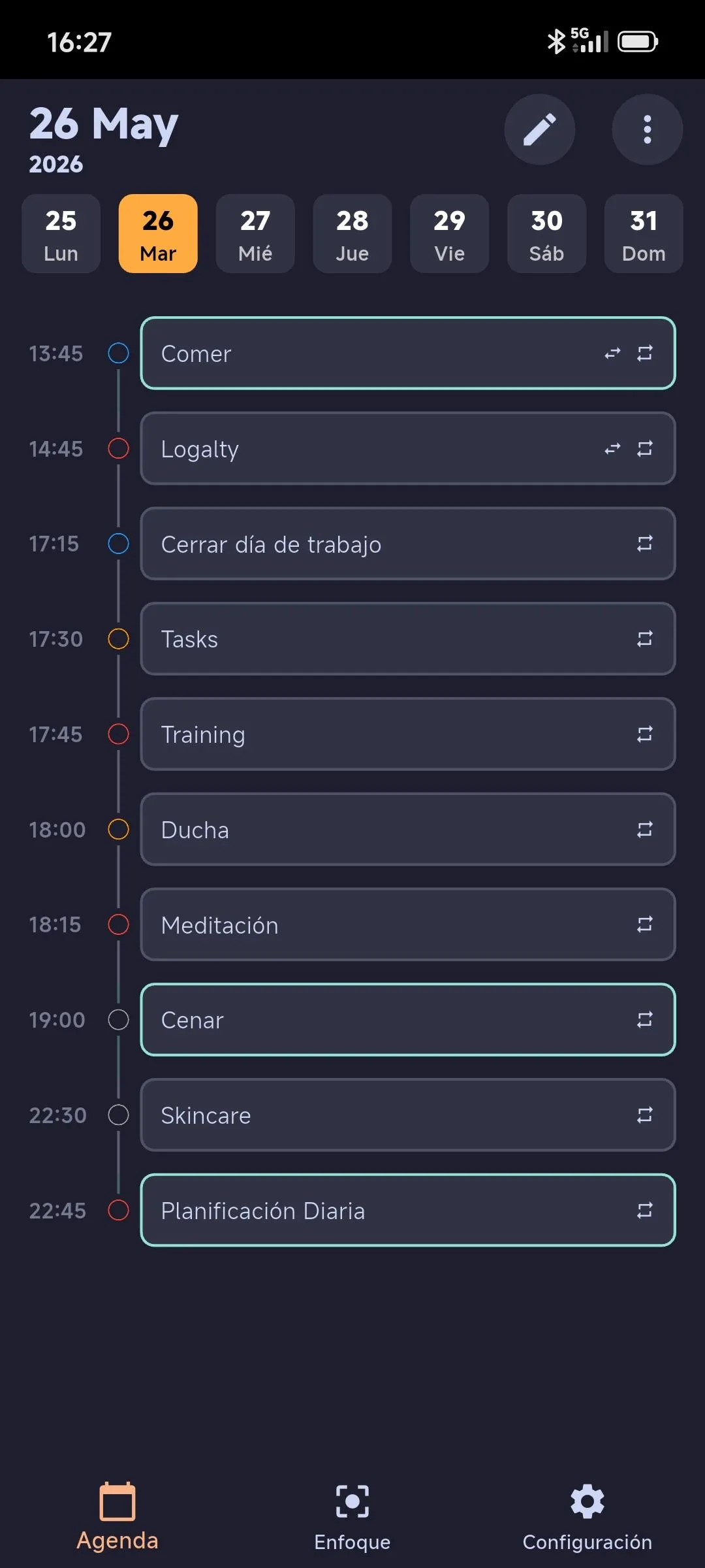 Vista de agenda de ZexTime